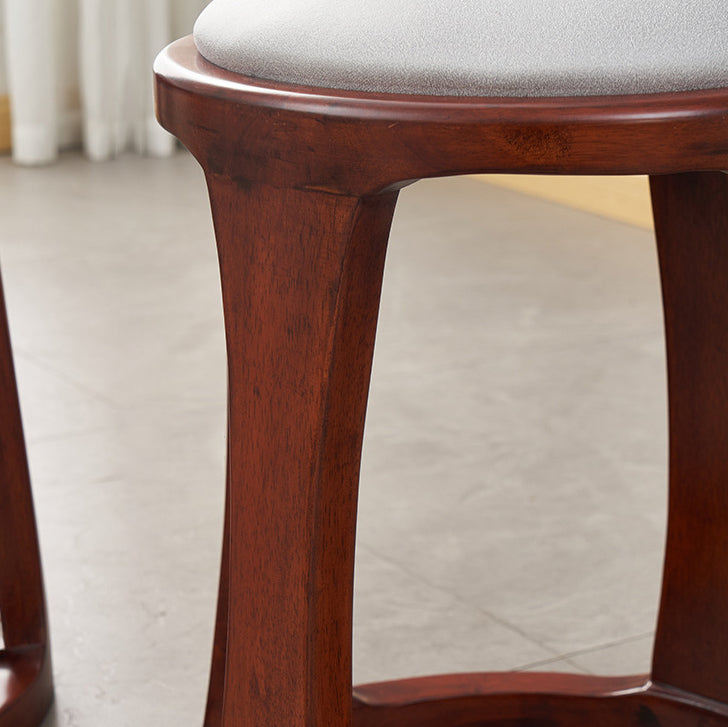 Taburete bajo redondo de madera de caucho, tela sintética de estilo chino tradicional y polipiel napa para salón y dormitorio 