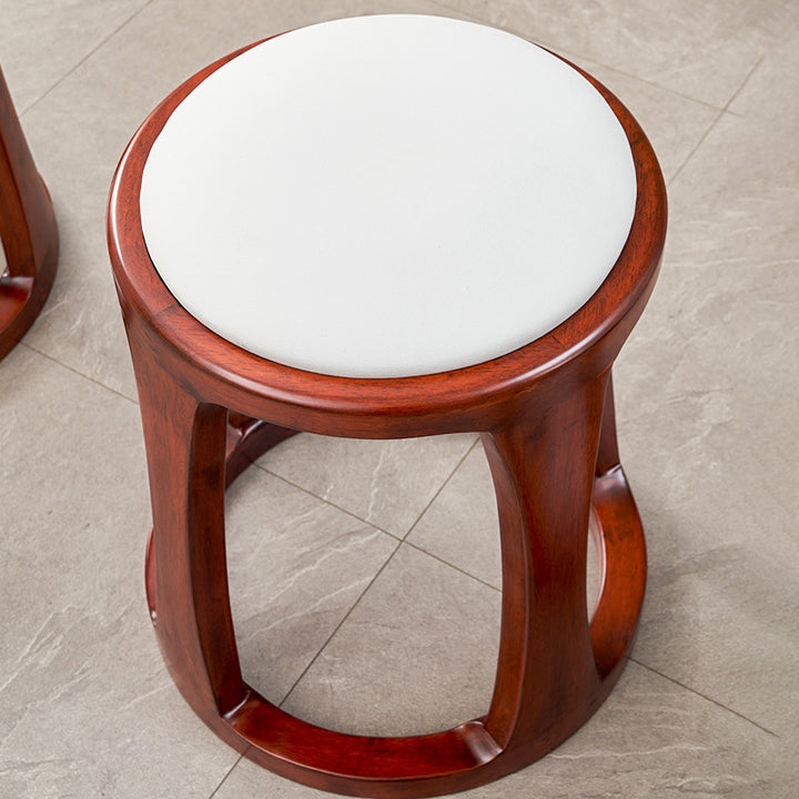 Taburete bajo redondo de madera de caucho, tela sintética de estilo chino tradicional y polipiel napa para salón y dormitorio 