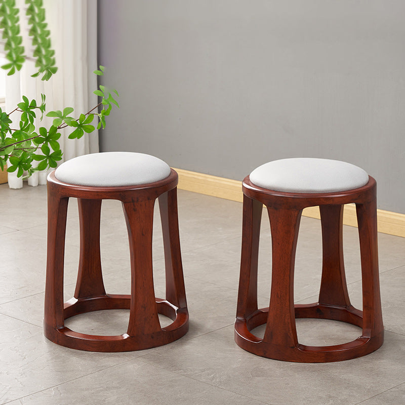 Taburete bajo redondo de madera de caucho, tela sintética de estilo chino tradicional y polipiel napa para salón y dormitorio 