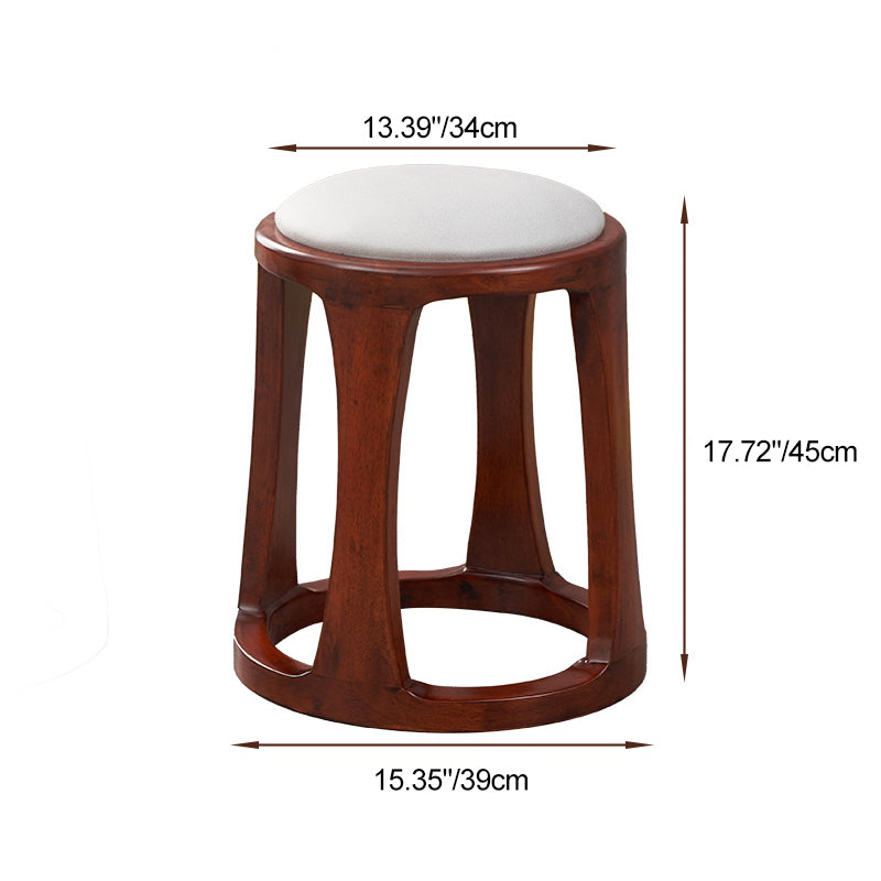 Taburete bajo redondo de madera de caucho, tela sintética de estilo chino tradicional y polipiel napa para salón y dormitorio 