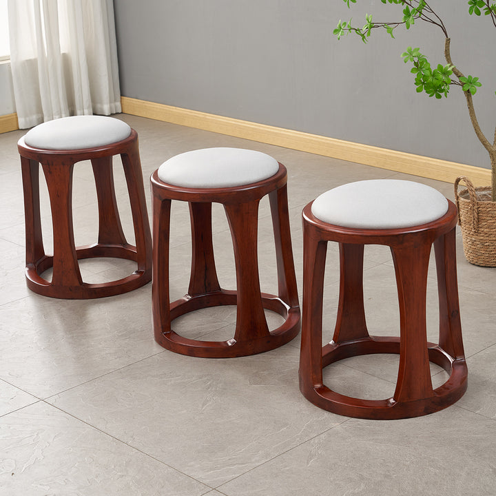 Taburete bajo redondo de madera de caucho, tela sintética de estilo chino tradicional y polipiel napa para salón y dormitorio 
