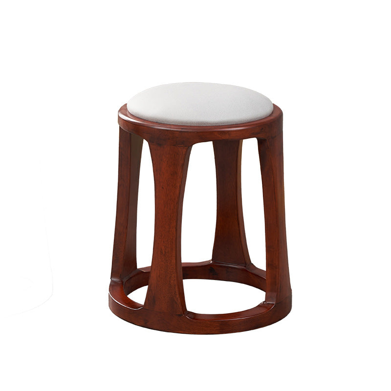 Taburete bajo redondo de madera de caucho, tela sintética de estilo chino tradicional y polipiel napa para salón y dormitorio 