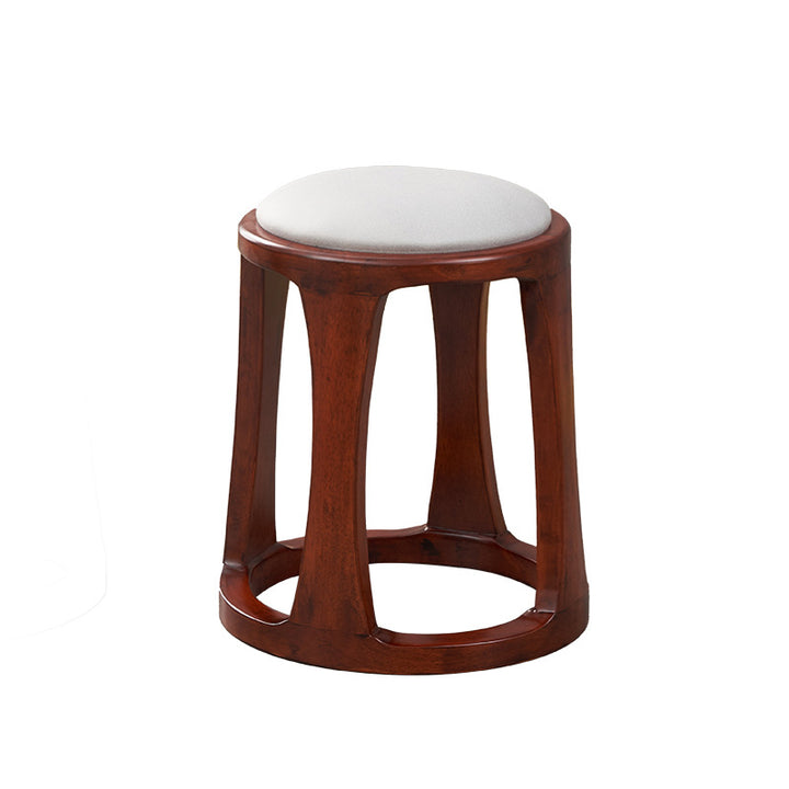Taburete bajo redondo de madera de caucho, tela sintética de estilo chino tradicional y polipiel napa para salón y dormitorio 