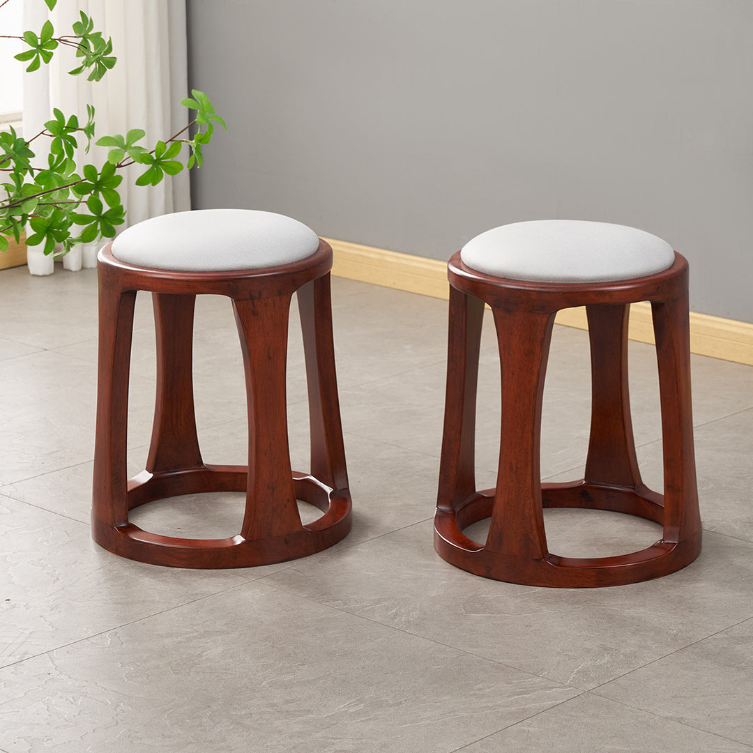 Taburete bajo redondo de madera de caucho, tela sintética de estilo chino tradicional y polipiel napa para salón y dormitorio 