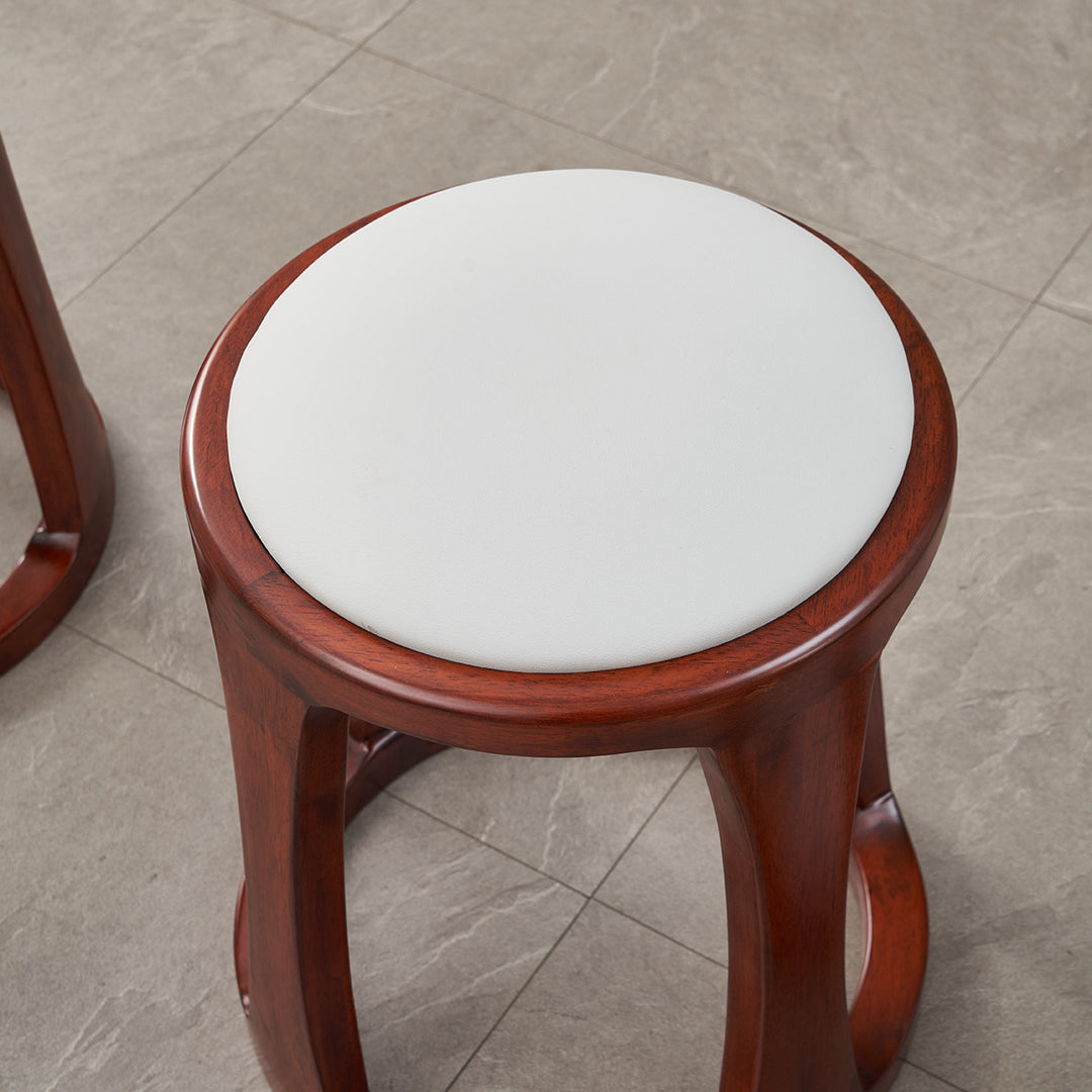 Taburete bajo redondo de madera de caucho, tela sintética de estilo chino tradicional y polipiel napa para salón y dormitorio 