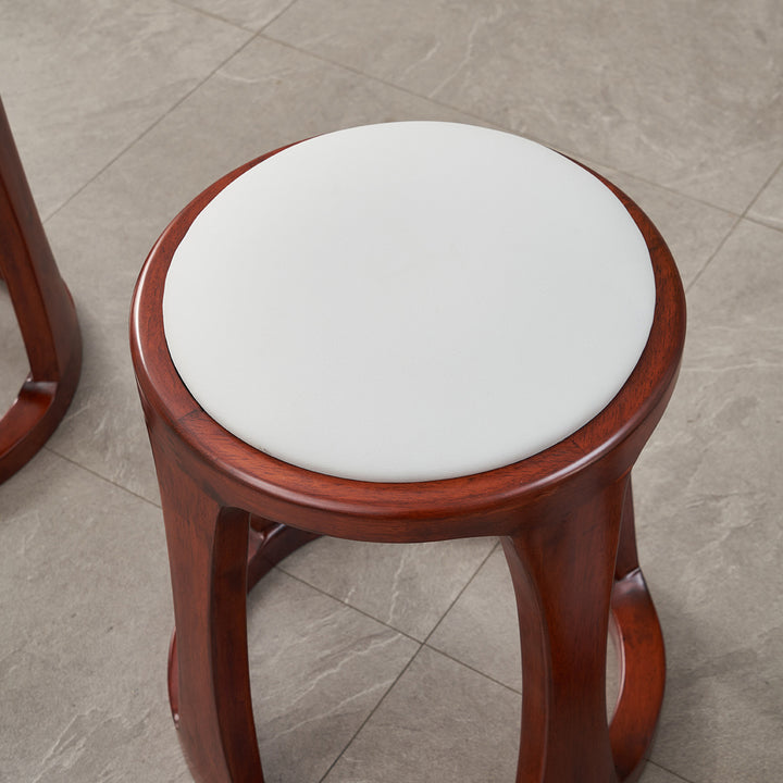 Taburete bajo redondo de madera de caucho, tela sintética de estilo chino tradicional y polipiel napa para salón y dormitorio 