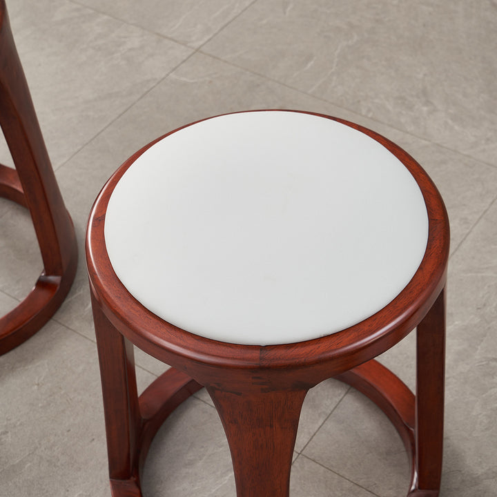 Taburete bajo redondo de madera de caucho, tela sintética de estilo chino tradicional y polipiel napa para salón y dormitorio 