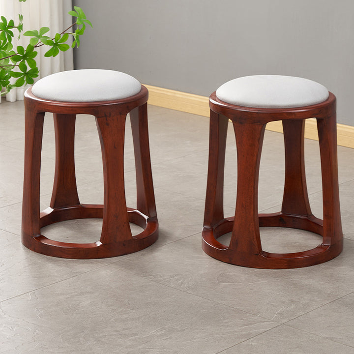 Taburete bajo redondo de madera de caucho, tela sintética de estilo chino tradicional y polipiel napa para salón y dormitorio 