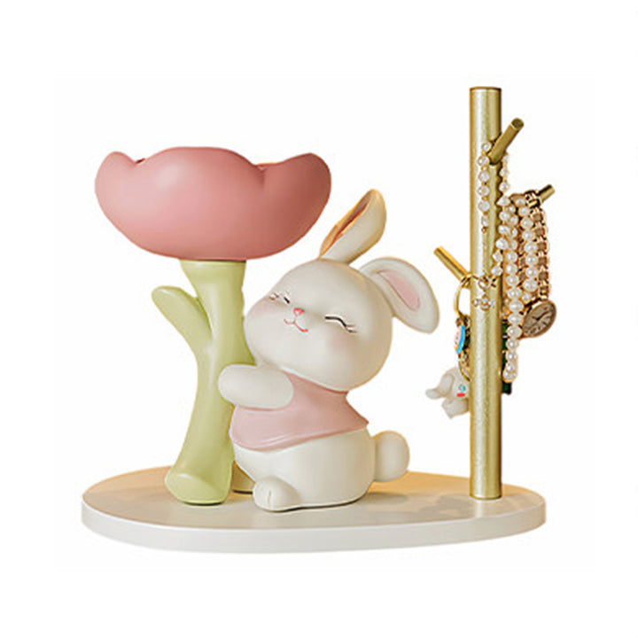 Contemporary Creative Resin Solid Wood Bunny Cat Table Decor With Jewelry Hanger For Living Room &amp; Entryway