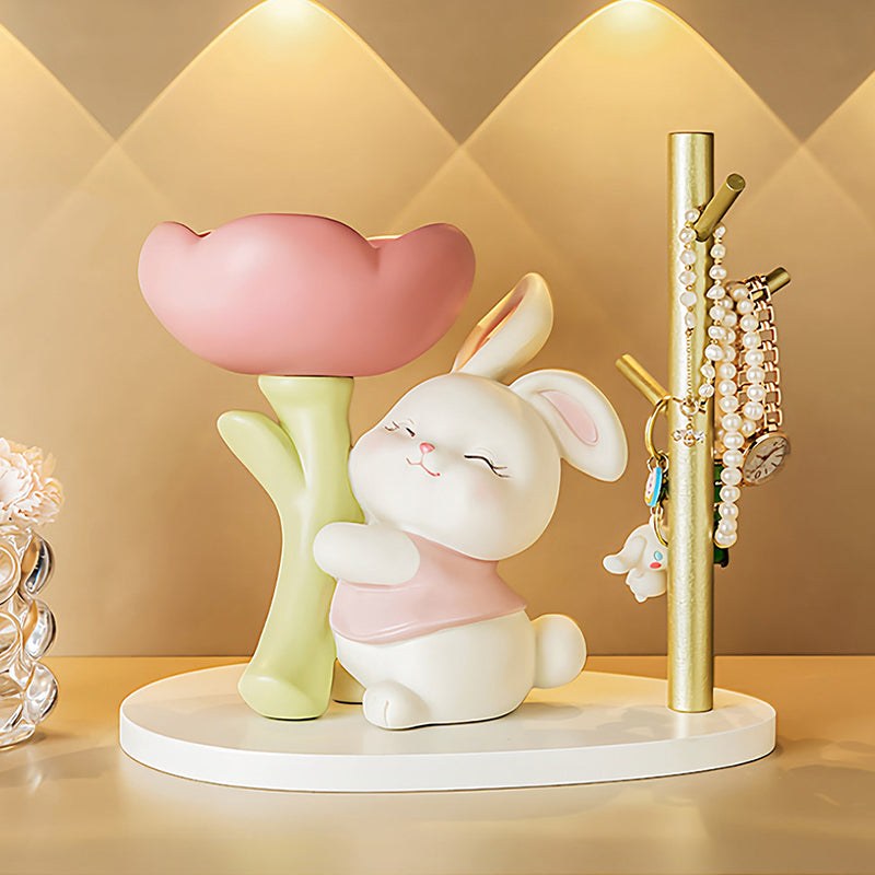 Contemporary Creative Resin Solid Wood Bunny Cat Table Decor With Jewelry Hanger For Living Room &amp; Entryway
