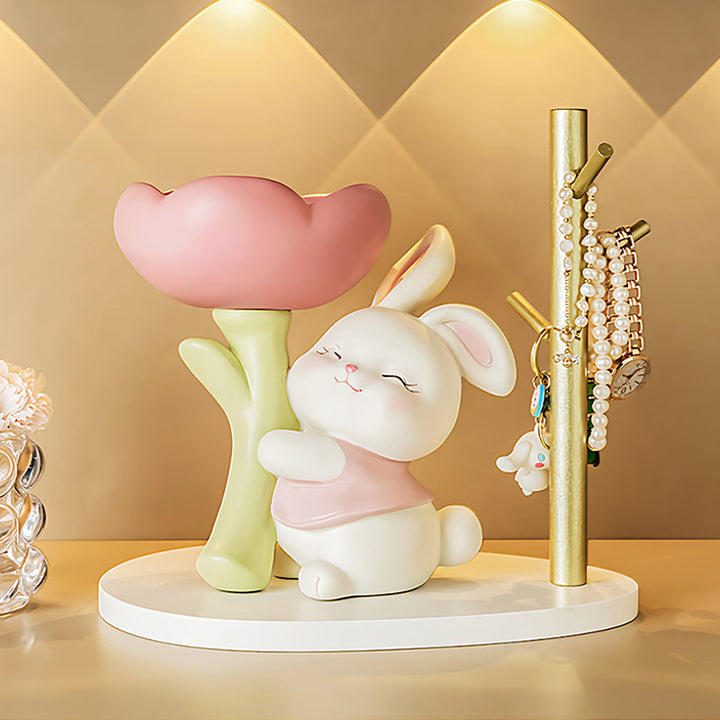 Contemporary Creative Resin Solid Wood Bunny Cat Table Decor With Jewelry Hanger For Living Room &amp; Entryway
