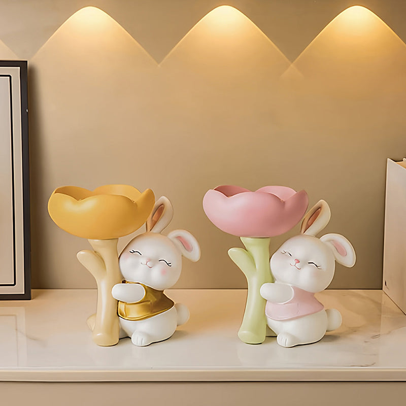 Contemporary Creative Resin Solid Wood Bunny Cat Table Decor With Jewelry Hanger For Living Room &amp; Entryway