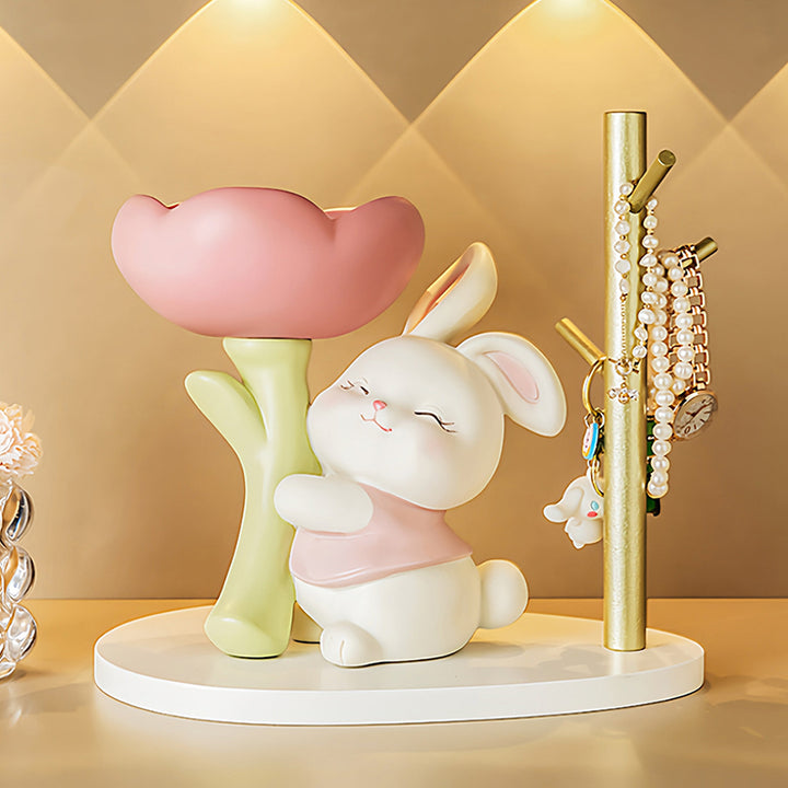 Contemporary Creative Resin Solid Wood Bunny Cat Table Decor With Jewelry Hanger For Living Room &amp; Entryway