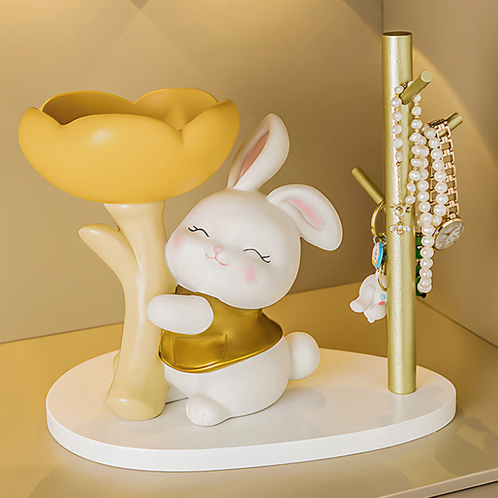 Contemporary Creative Resin Solid Wood Bunny Cat Table Decor With Jewelry Hanger For Living Room &amp; Entryway