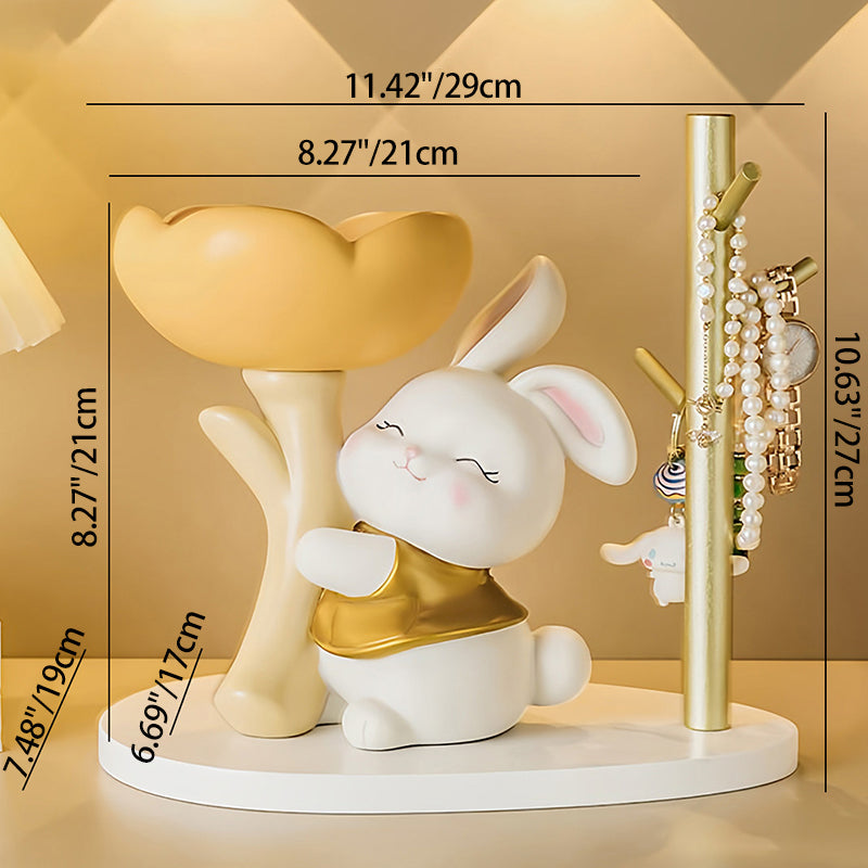 Contemporary Creative Resin Solid Wood Bunny Cat Table Decor With Jewelry Hanger For Living Room &amp; Entryway