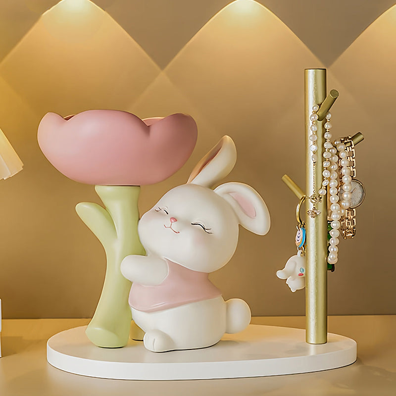 Contemporary Creative Resin Solid Wood Bunny Cat Table Decor With Jewelry Hanger For Living Room &amp; Entryway