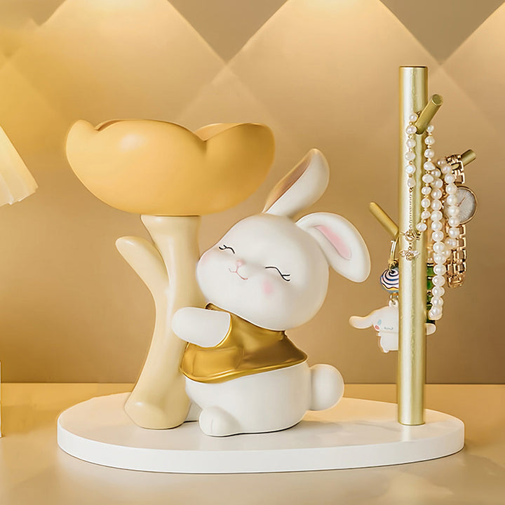 Contemporary Creative Resin Solid Wood Bunny Cat Table Decor With Jewelry Hanger For Living Room &amp; Entryway