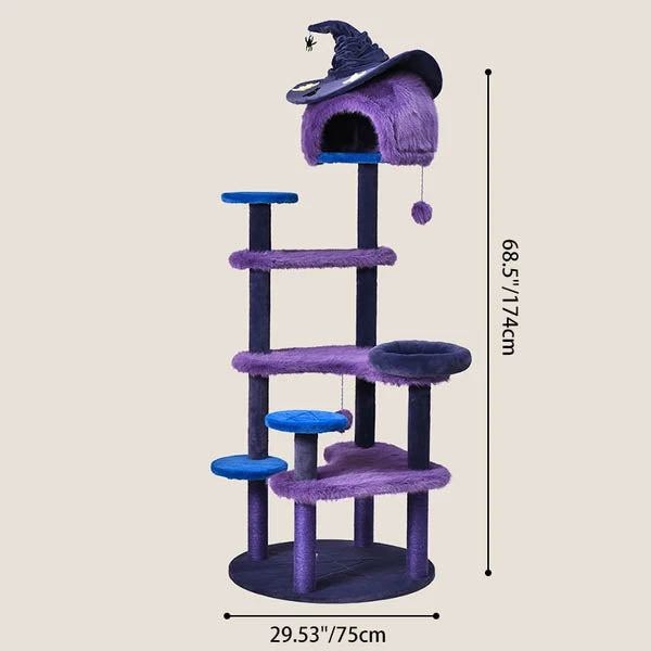 Zeitgenössischer kreativer Katzenbaum &amp; Condo in runder Hexenhut-Form aus MDF, Samt und Sisal, 2-Condo, 3/6-Liegeflächen, 4-Kratzstangen für das Wohnzimmer 