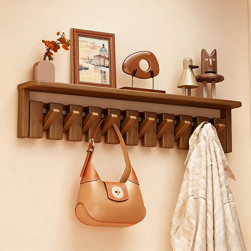 Contemporary Nordic Rectangular Piano-Key Rubberwood Pine Wood Wall-Mounted Coat Rack Hall Tree 1-Tier For Bedroom &amp; Entryways