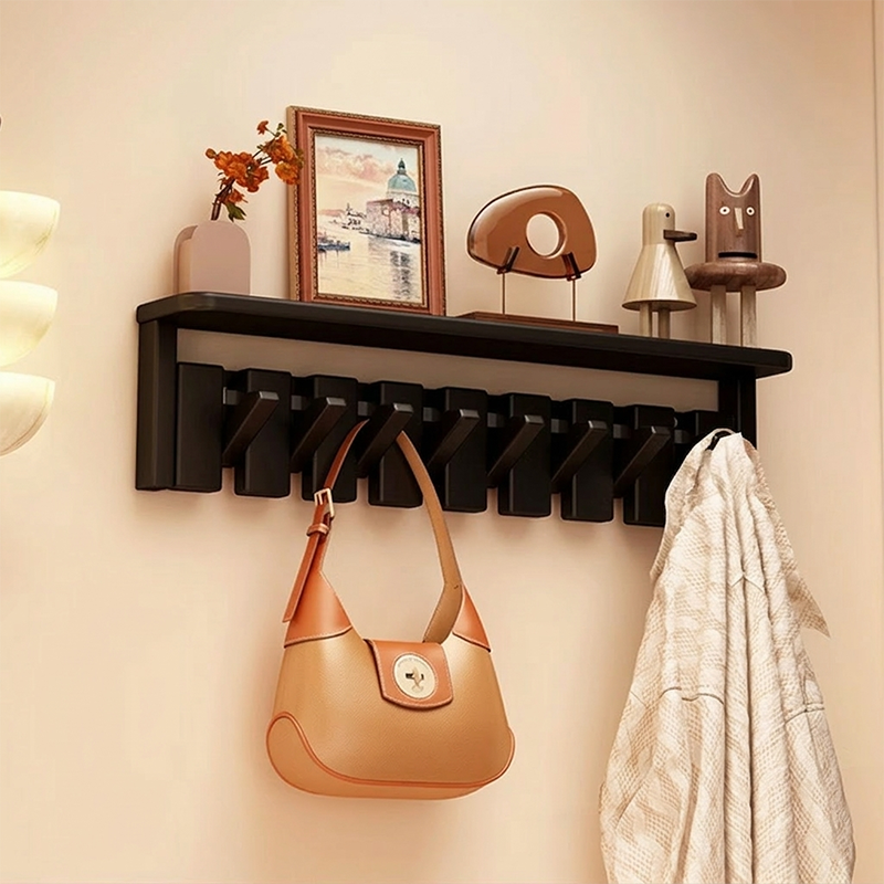Contemporary Nordic Rectangular Piano-Key Rubberwood Pine Wood Wall-Mounted Coat Rack Hall Tree 1-Tier For Bedroom &amp; Entryways