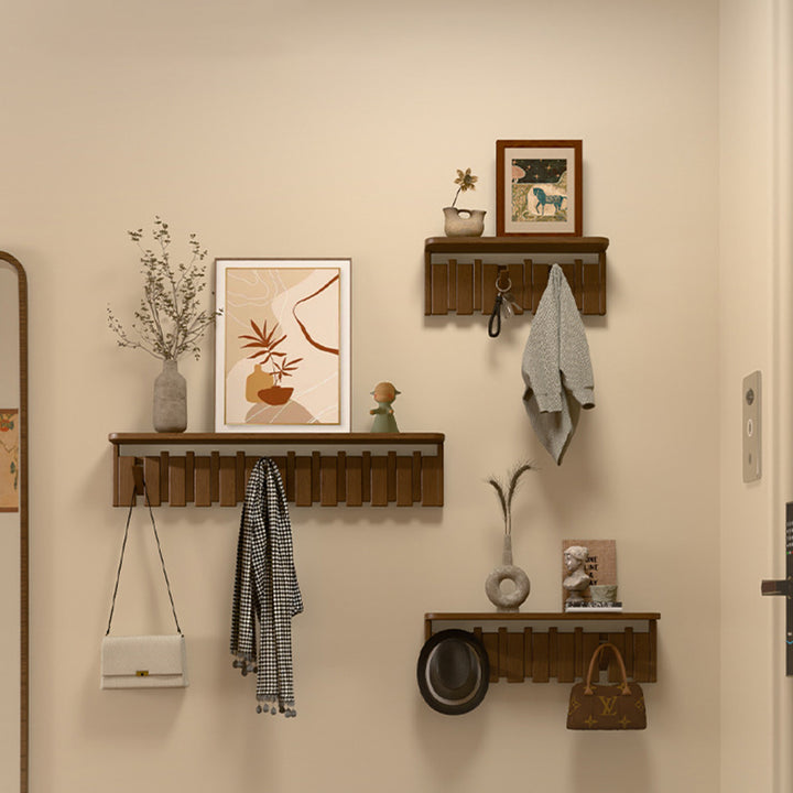 Zeitgenössische nordische rechteckige wandmontierte Garderobe aus Kautschukholz und Kiefernholz im Klaviertasten-Design mit 1 Ablage für Schlafzimmer & Eingangsbereiche 