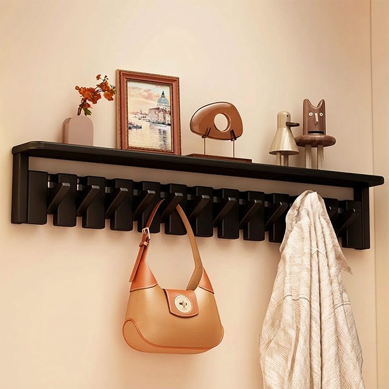 Contemporary Nordic Rectangular Piano-Key Rubberwood Pine Wood Wall-Mounted Coat Rack Hall Tree 1-Tier For Bedroom &amp; Entryways