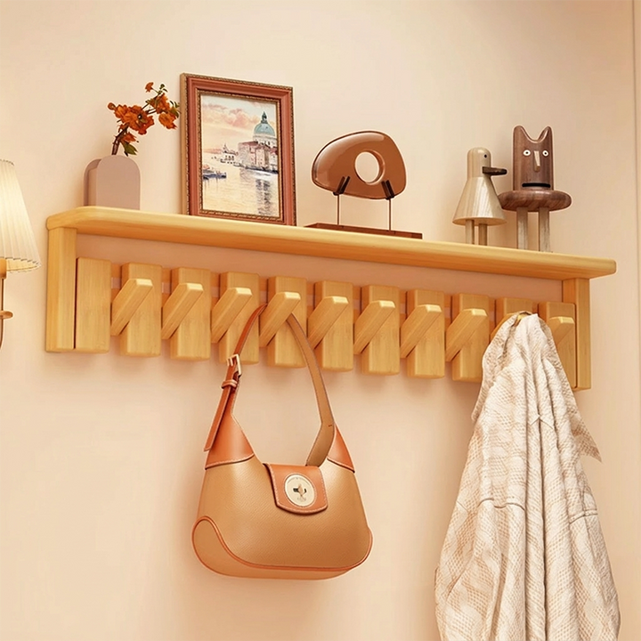 Contemporary Nordic Rectangular Piano-Key Rubberwood Pine Wood Wall-Mounted Coat Rack Hall Tree 1-Tier For Bedroom &amp; Entryways