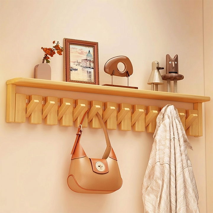 Contemporary Nordic Rectangular Piano-Key Rubberwood Pine Wood Wall-Mounted Coat Rack Hall Tree 1-Tier For Bedroom &amp; Entryways