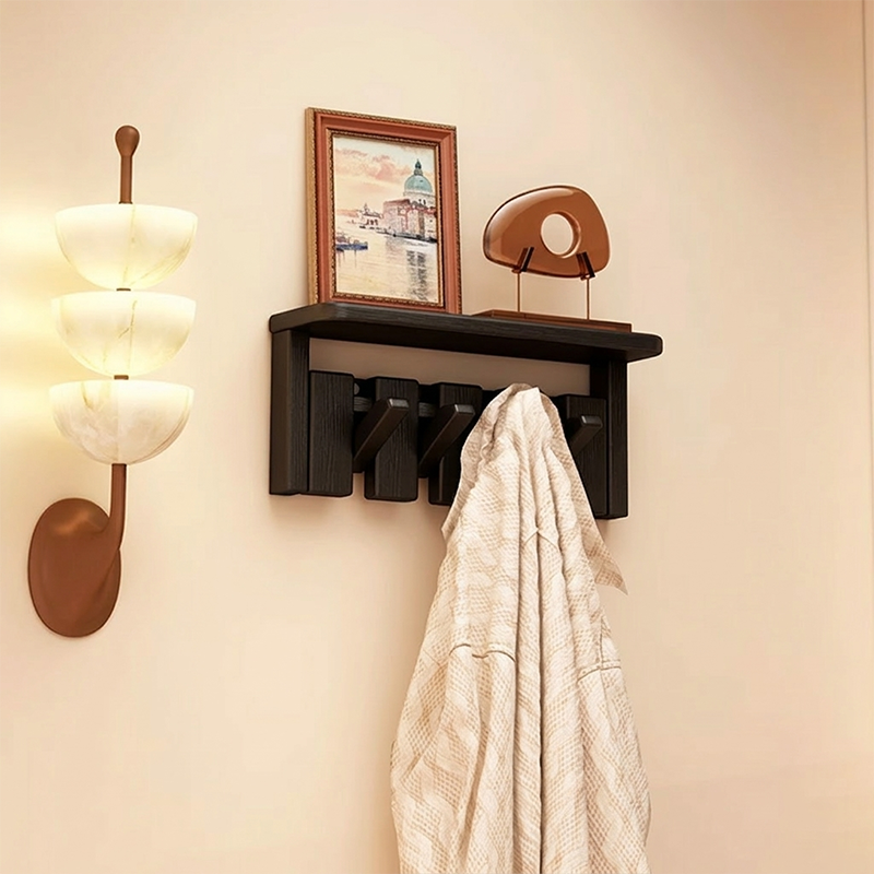 Contemporary Nordic Rectangular Piano-Key Rubberwood Pine Wood Wall-Mounted Coat Rack Hall Tree 1-Tier For Bedroom &amp; Entryways