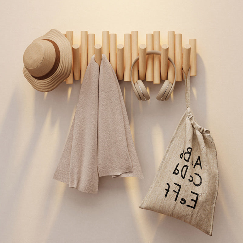 Contemporary Nordic Cylindrical Piano-Key Pine Wall-Mounted Coat Rack Hall Tree For Bedroom &amp; Entryways