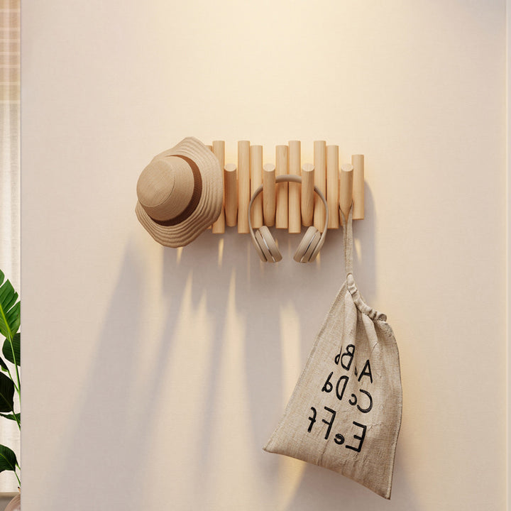 Contemporary Nordic Cylindrical Piano-Key Pine Wall-Mounted Coat Rack Hall Tree For Bedroom &amp; Entryways