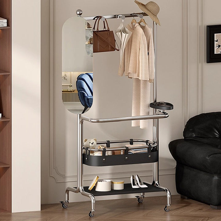 Contemporary Industrial Rectangular Stainless Steel Rubberwood Saddle-Style Faux Leather Movable Hall Tree 2-Tier With Rotatable Half-Length Mirror For Entryways