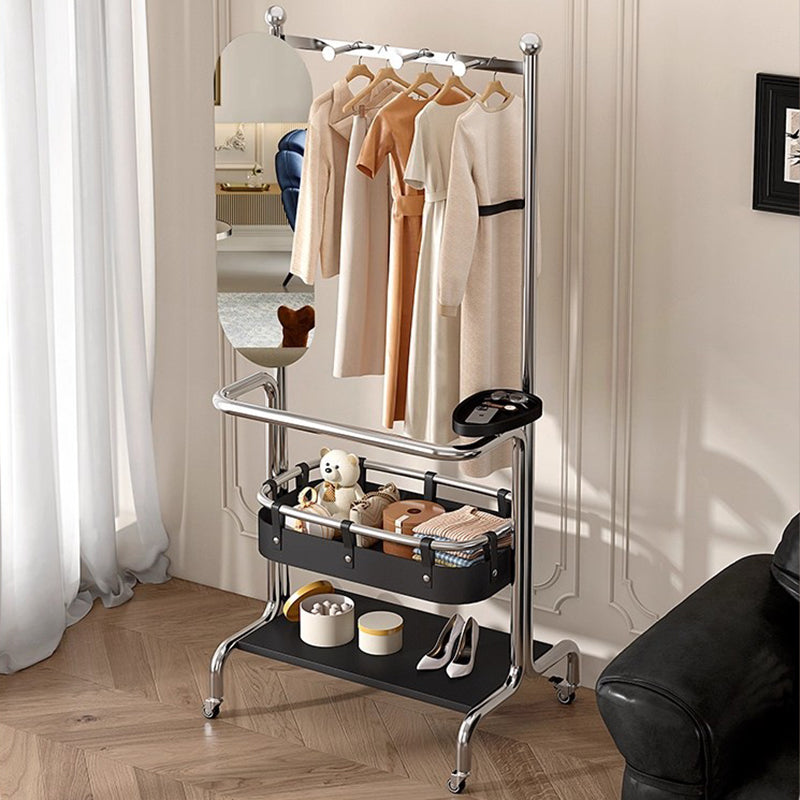 Contemporary Industrial Rectangular Stainless Steel Rubberwood Saddle-Style Faux Leather Movable Hall Tree 2-Tier With Rotatable Half-Length Mirror For Entryways