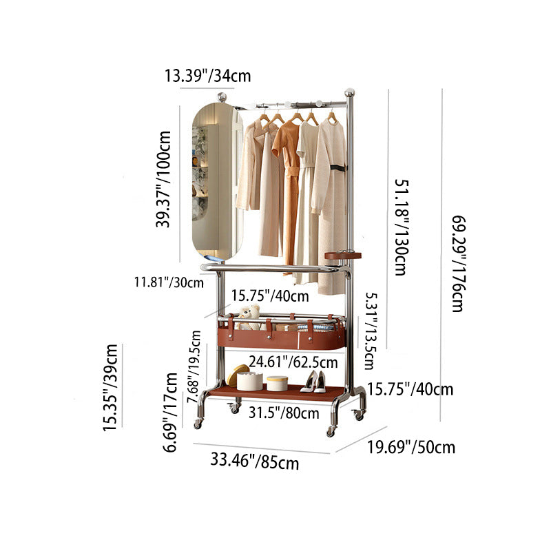 Contemporary Industrial Rectangular Stainless Steel Rubberwood Saddle-Style Faux Leather Movable Hall Tree 2-Tier With Rotatable Half-Length Mirror For Entryways