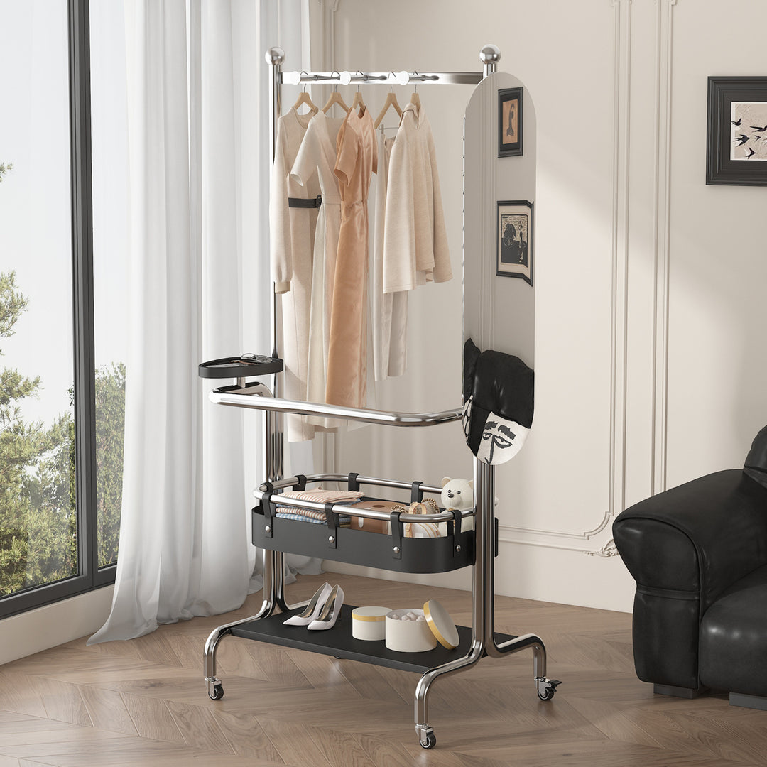 Contemporary Industrial Rectangular Stainless Steel Rubberwood Saddle-Style Faux Leather Movable Hall Tree 2-Tier With Rotatable Half-Length Mirror For Entryways