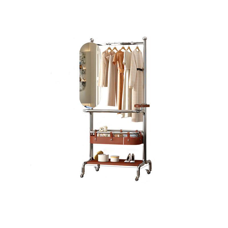 Contemporary Industrial Rectangular Stainless Steel Rubberwood Saddle-Style Faux Leather Movable Hall Tree 2-Tier With Rotatable Half-Length Mirror For Entryways