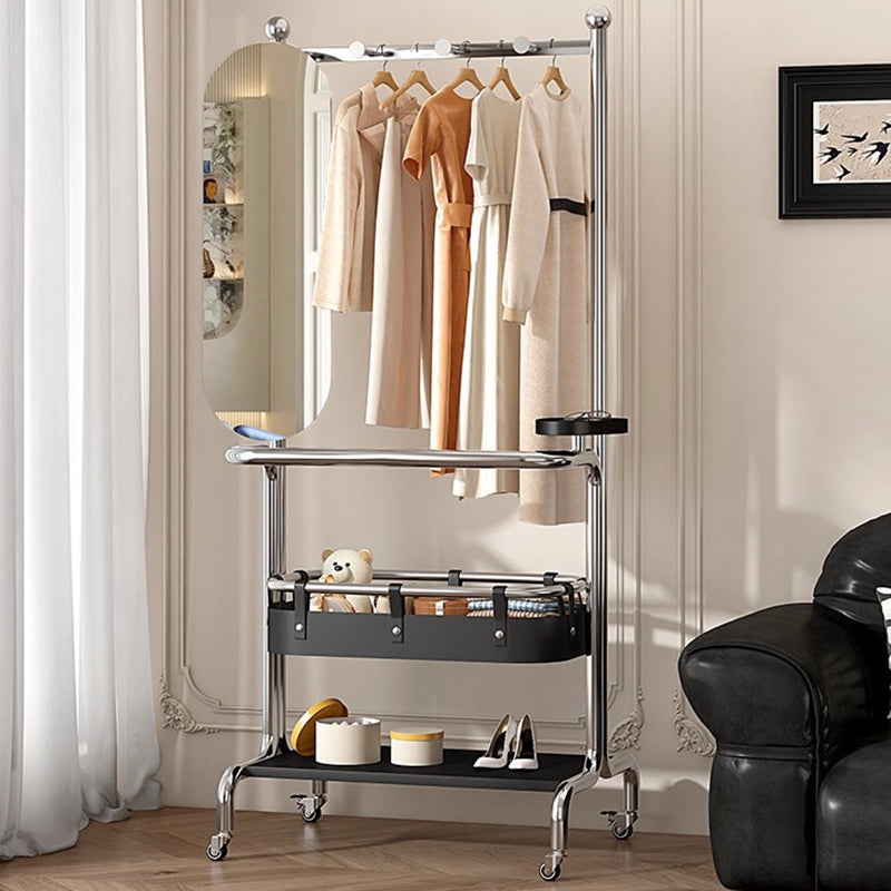 Contemporary Industrial Rectangular Stainless Steel Rubberwood Saddle-Style Faux Leather Movable Hall Tree 2-Tier With Rotatable Half-Length Mirror For Entryways