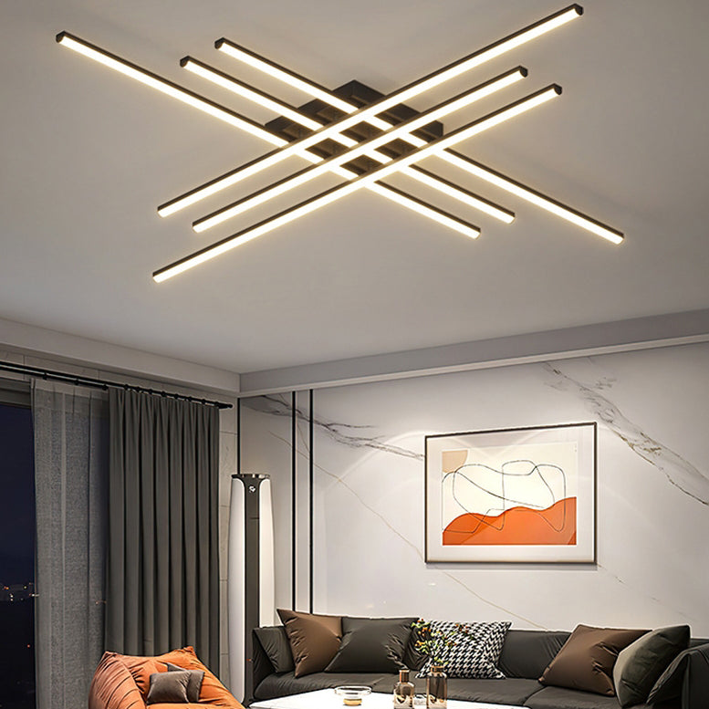Contemporary Scandinavian Long Strip Grid Aluminum Acrylic LED Semi-Flush Mount Ceiling Light For Living Room