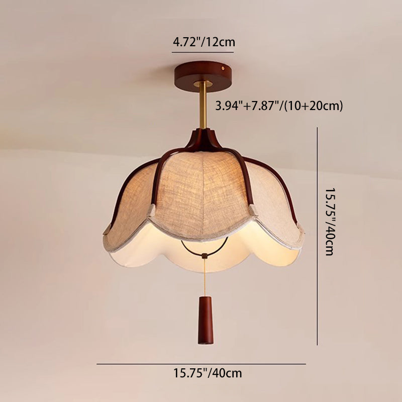 Traditional Vintage Metal Oak &amp; Fabric Floral 1-Light Semi-Flush Mount Ceiling Light For Dining Room