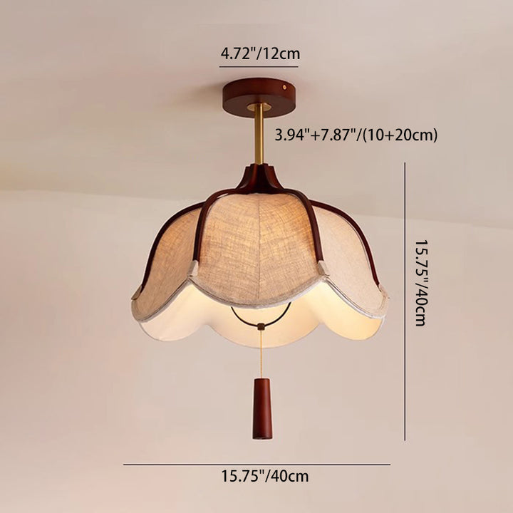 Traditional Vintage Metal Oak &amp; Fabric Floral 1-Light Semi-Flush Mount Ceiling Light For Dining Room