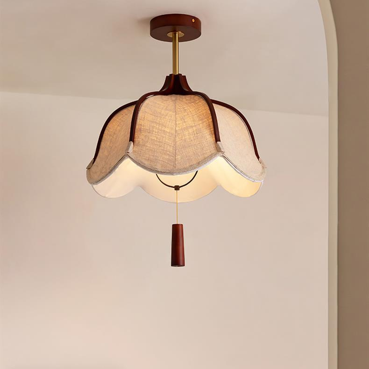 Plafonnier semi-encastré traditionnel vintage en métal chêne et tissu floral 1 lumière pour salle à manger 