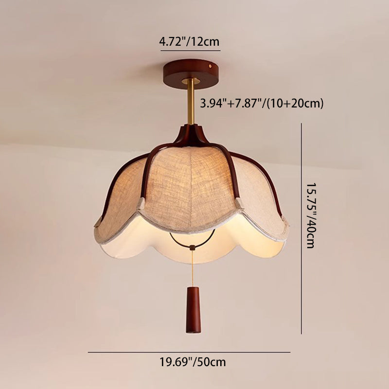 Traditional Vintage Metal Oak &amp; Fabric Floral 1-Light Semi-Flush Mount Ceiling Light For Dining Room