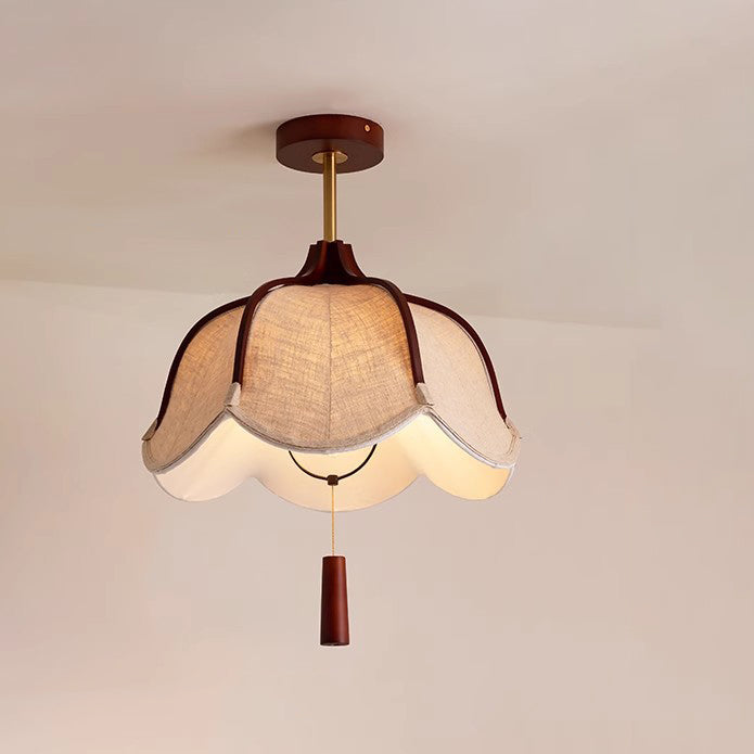 Traditional Vintage Metal Oak &amp; Fabric Floral 1-Light Semi-Flush Mount Ceiling Light For Dining Room