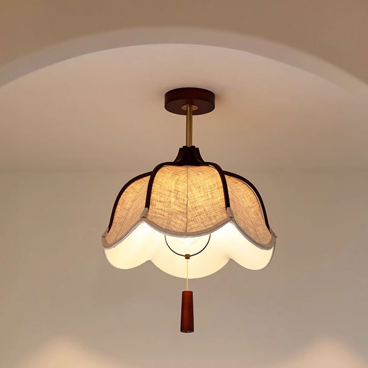 Traditional Vintage Metal Oak &amp; Fabric Floral 1-Light Semi-Flush Mount Ceiling Light For Dining Room