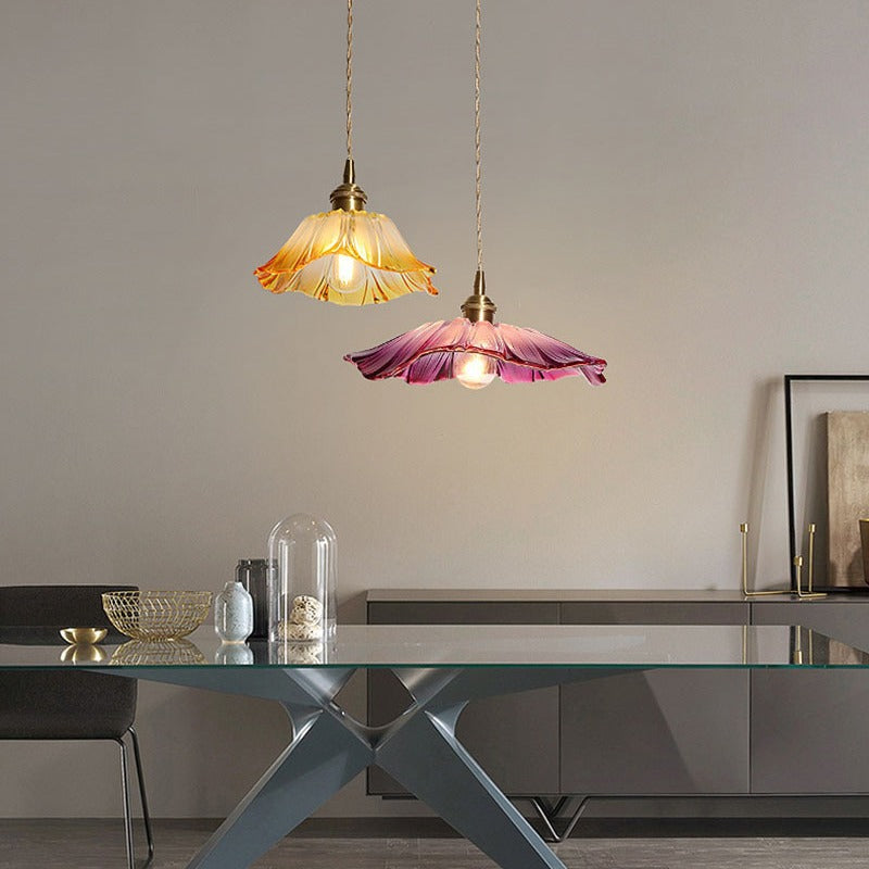 Traditional Vintage Brass &amp; Glass Petal-Shaped Shade 1-Light Pendant Light For Bedroom &amp; Living Room