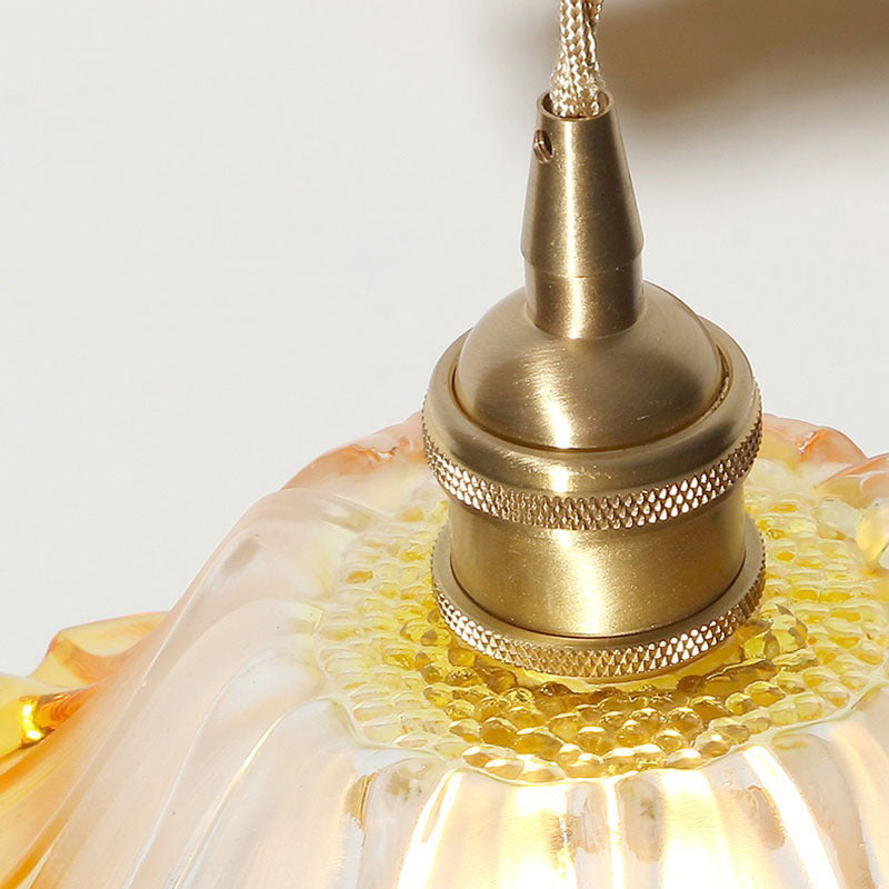 Traditional Vintage Brass &amp; Glass Petal-Shaped Shade 1-Light Pendant Light For Bedroom &amp; Living Room