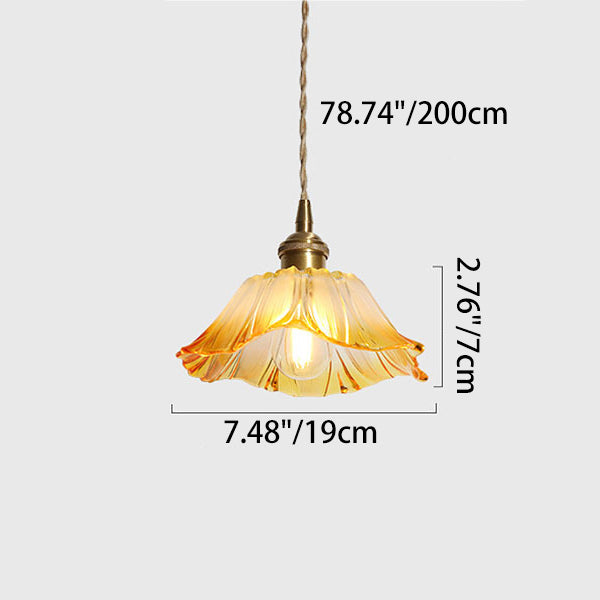 Traditional Vintage Brass &amp; Glass Petal-Shaped Shade 1-Light Pendant Light For Bedroom &amp; Living Room