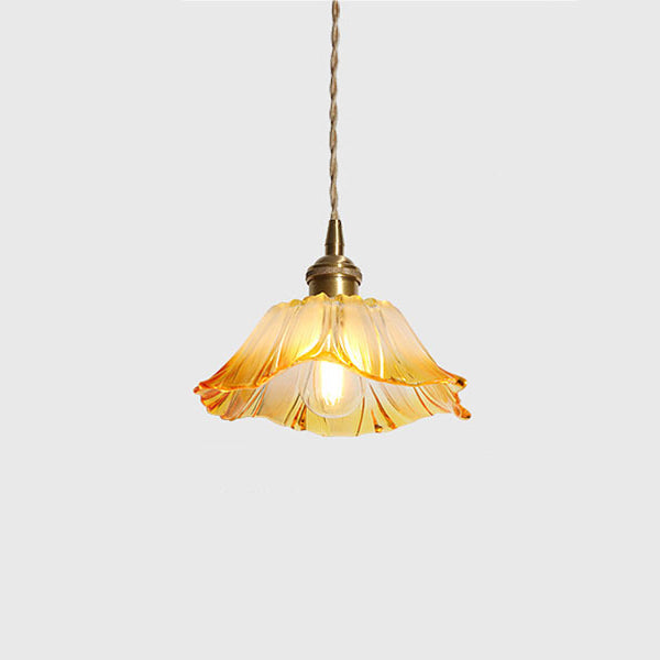 Traditional Vintage Brass &amp; Glass Petal-Shaped Shade 1-Light Pendant Light For Bedroom &amp; Living Room