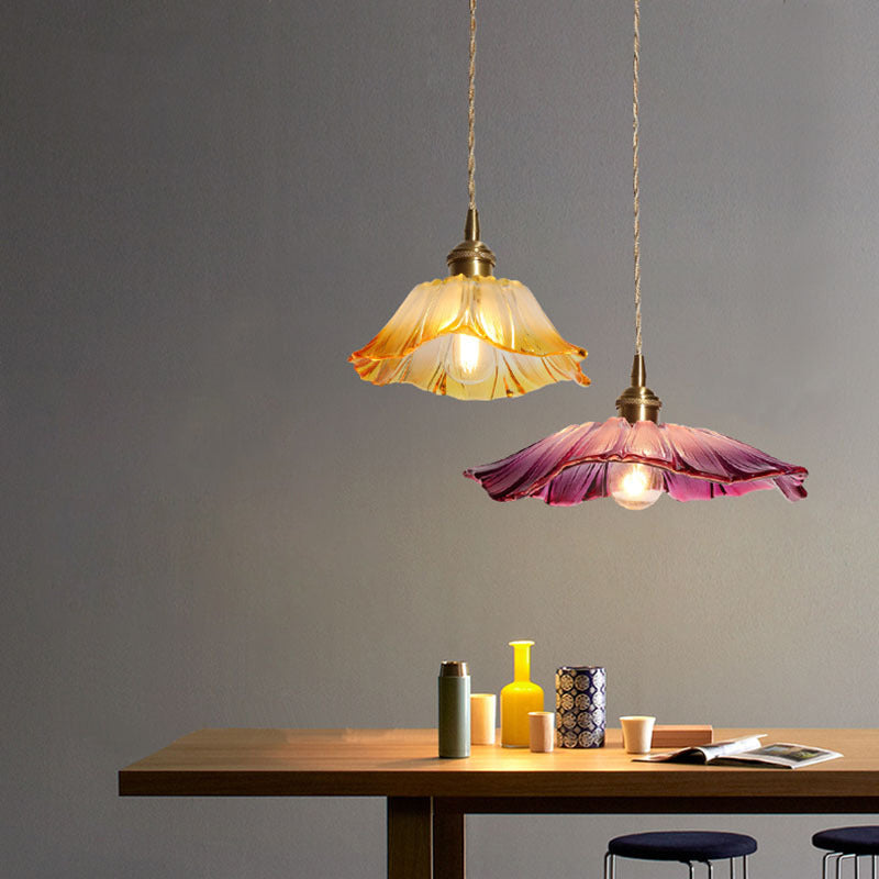 Traditional Vintage Brass &amp; Glass Petal-Shaped Shade 1-Light Pendant Light For Bedroom &amp; Living Room
