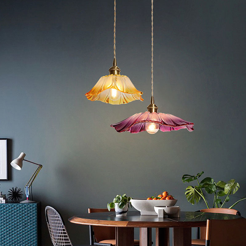 Traditional Vintage Brass &amp; Glass Petal-Shaped Shade 1-Light Pendant Light For Bedroom &amp; Living Room